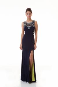 Robe de cocktail longue noire avec strass raffinée et fendue marseille paca