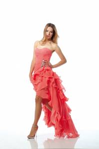 robe longue , courte devant , mousseline corail , plusieurs coloris , fashion new-york 2016 , 389 €