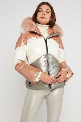 doudoune rose beige capuche fourrure