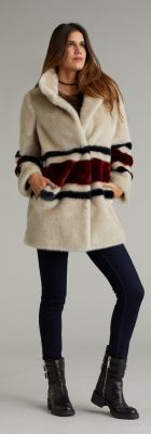 lauren vidal veste fourrure beige et bordeaux
