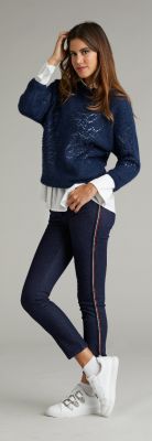 pantalon couleur bleu rayure or