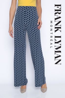 pantalon large imprimé graphique bleu et blanc