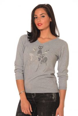 pull gris chiné motif chats