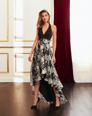robe soirée asymetrique noire et blanche à fleur