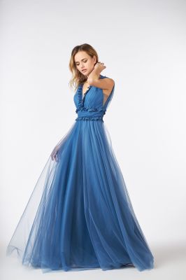 robe longue soirée mousseline bleu